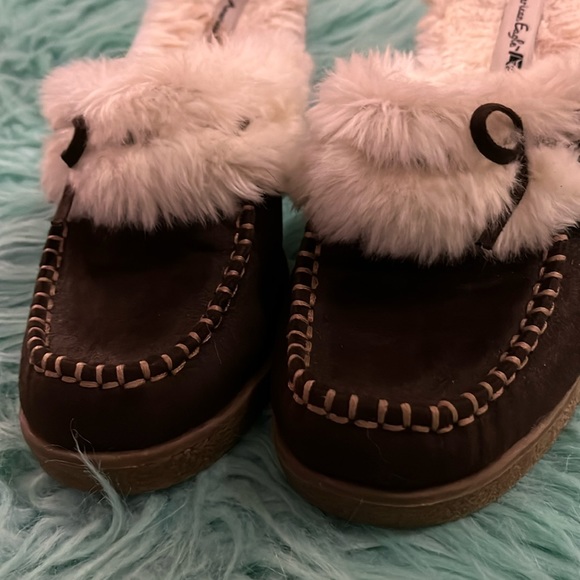 Fur lined wedge slides 8 moccasin clogs brown vegan suede faux sheep whip stitch - Picture 7 of 9